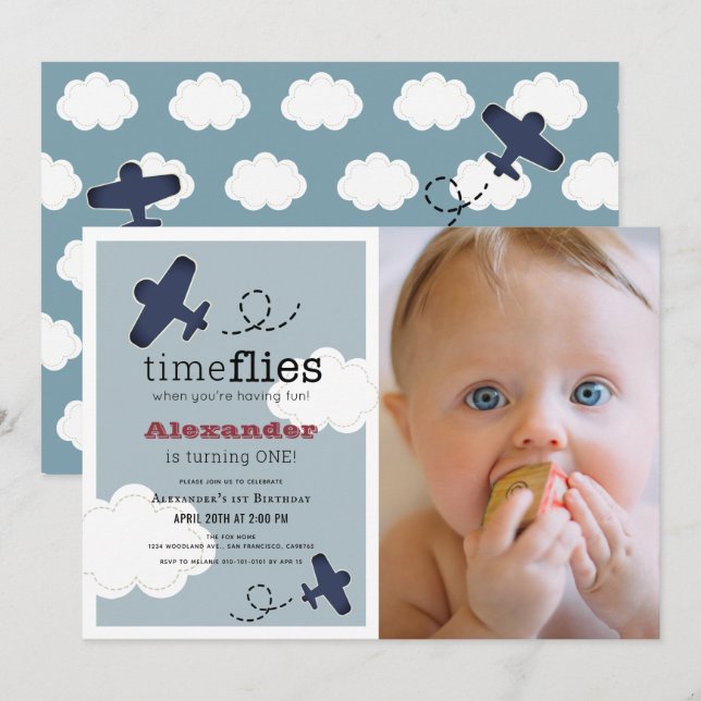 Time Flies Airplane Blue Boy Photo1st Birthday Invitation (Front/Back)