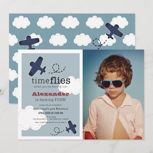 Time Flies Airplane Blue Boy Photo Birthday Invitation (Front/Back)