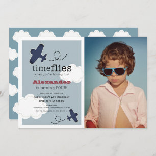 Time Flies Airplane Blue Boy Photo Birthday Invitation
