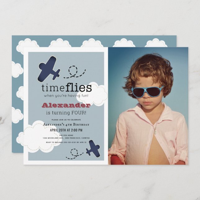 Time Flies Airplane Blue Boy Photo Birthday Invitation (Front/Back)
