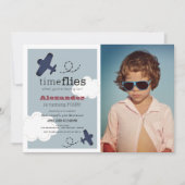 Time Flies Airplane Blue Boy Photo Birthday Invitation (Front)