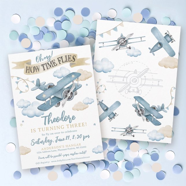 Time Flies Airplane Cool Blue Boy Birthday Party Invitation (Cute watercolor airplane aviation clouds sky theme Time Flies boy 3rd birthday party invitation)