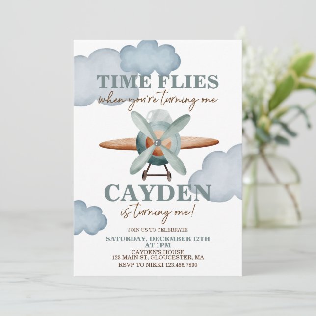 Time Flies Airplane First Birthday Invitation (Standing Front)