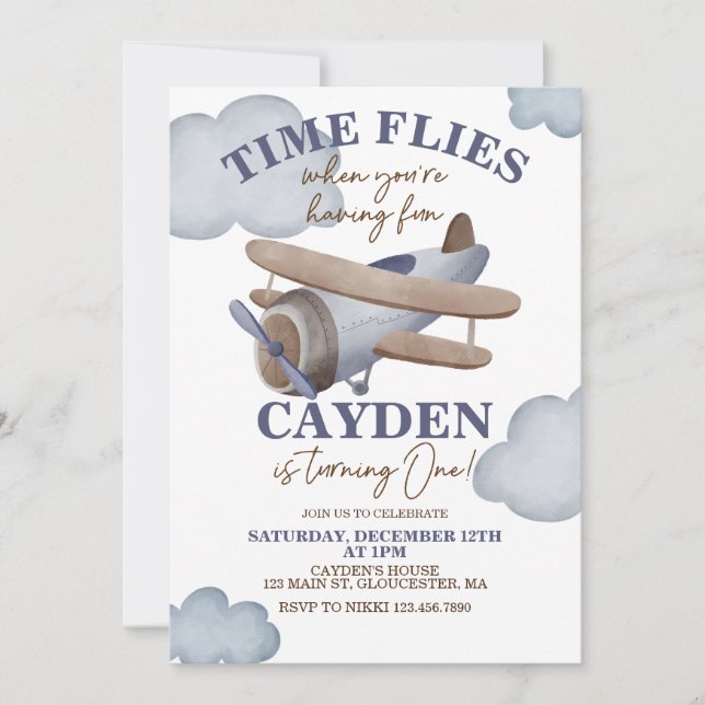 Time Flies Airplane First Birthday Invitation (Front)
