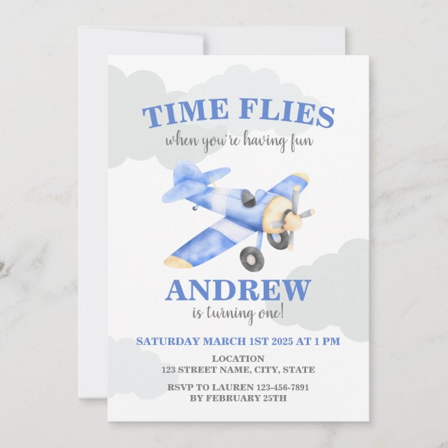 Time Flies Airplane First Birthday Invite (Front)
