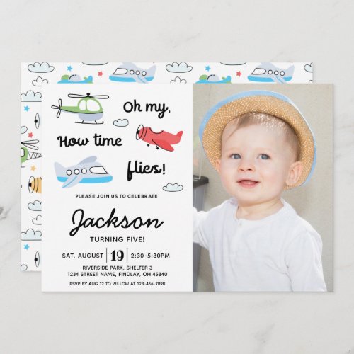 Time flies Airplane Helicopter Photo Birthday Invitation