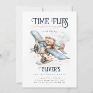 Time Flies Airplane Teddy Bear Vintage Birthday Invitation