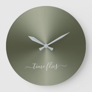 Time Flies Army Green Metallic Style Acrylic Large Clock