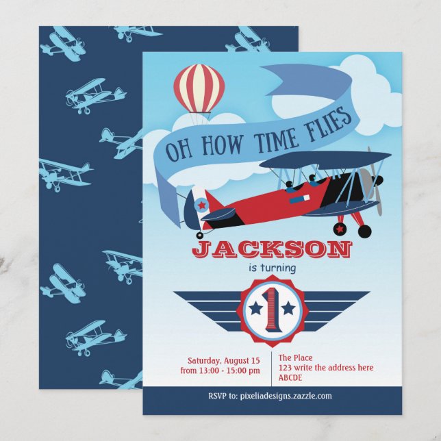 Time Flies, Aviation, World Traveler, 1st Birthday Invitation (Front/Back)