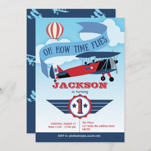 Time Flies Aviation World Traveler 1st Birthday Invitation