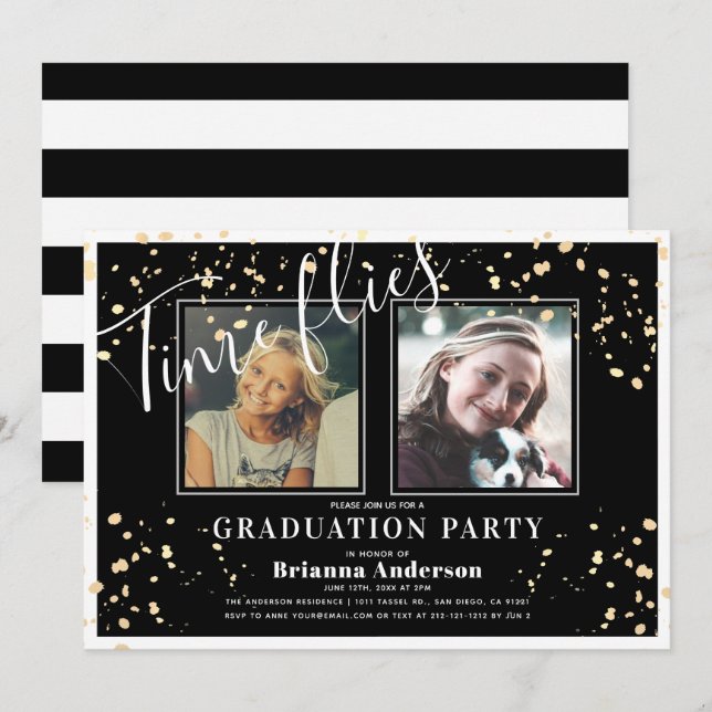 Time Flies Black Stripe Gold Photo Graduation Invitation (Front/Back)