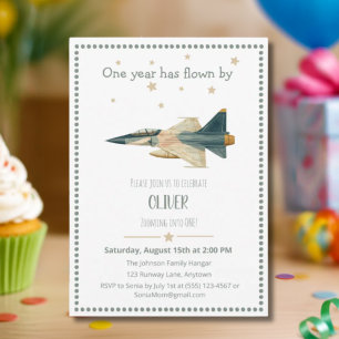 Time Flies fighter jet Airplane Boy First Birthday Invitation