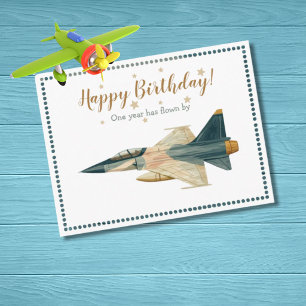 Time Flies fighter jet Airplane Boy First Birthday Postcard