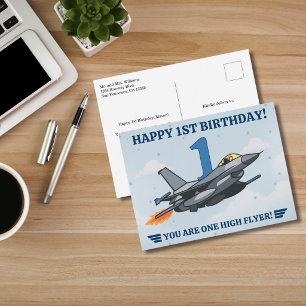 Time Flies fighter jet Airplane Boy First Birthday Postcard