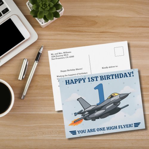 Time Flies fighter jet Airplane Boy First Birthday Postcard