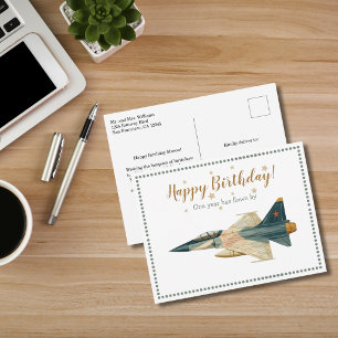 Time Flies fighter jet Airplane Boy First Birthday Postcard