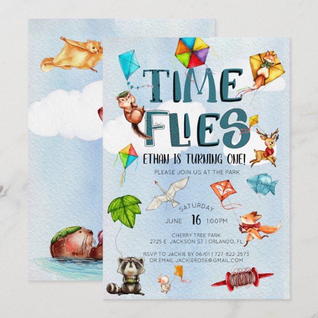 Time Flies | Kite Themed 1st Birthday Party Invitation (Front/Back)