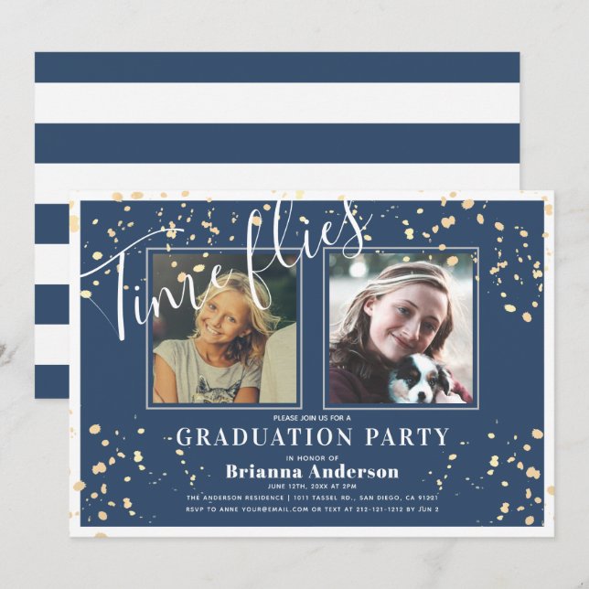 Time Flies Navy Blue Stripe Gold Photo Graduation Invitation (Front/Back)