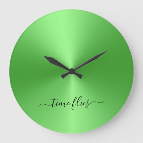 Time Flies Neon Green Metallic Style Acrylic Large Clock