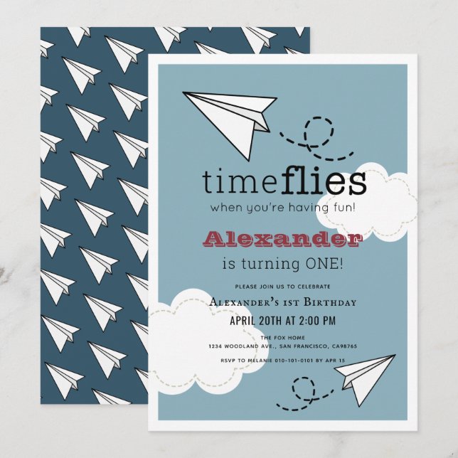 Time Flies Paper Plane Blue Boy 1st Birthday Invitation (Front/Back)