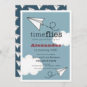 Time Flies Paper Plane Blue Boy 1st Birthday Invitation