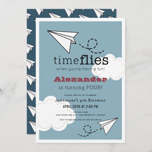 Time Flies Paper Plane Blue Boy Birthday Invitation