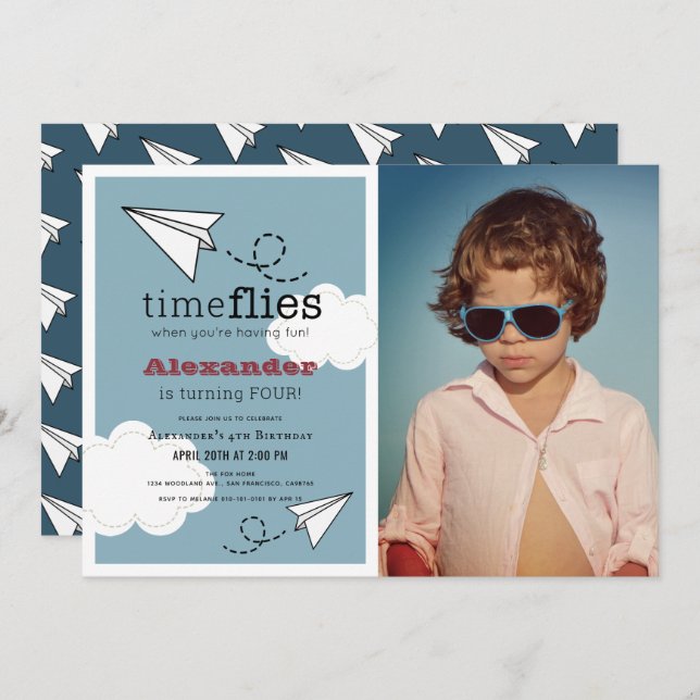 Time Flies Paper Plane Blue Boy Photo Birthday Invitation (Front/Back)