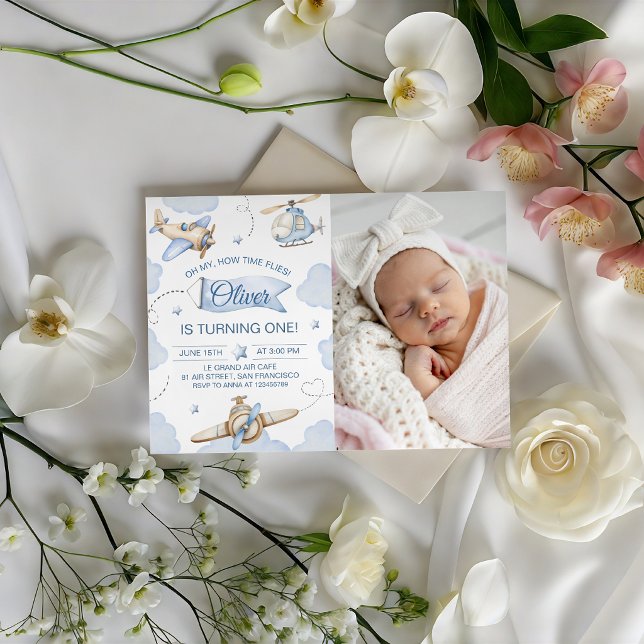 Time Flies Photo Airplane 1st Birthday Invite (Creator Uploaded)