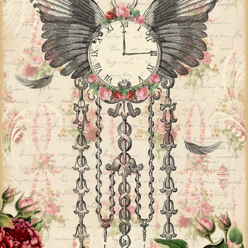 Time Flies Pink  Red Rose Antique Clock Decoupage Tissue Paper