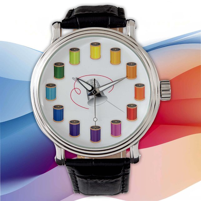 Time Flies When I Sew! Watch (Time Flies When I Sew!  Silver thimble, needle and vivid color wheel of threads. )