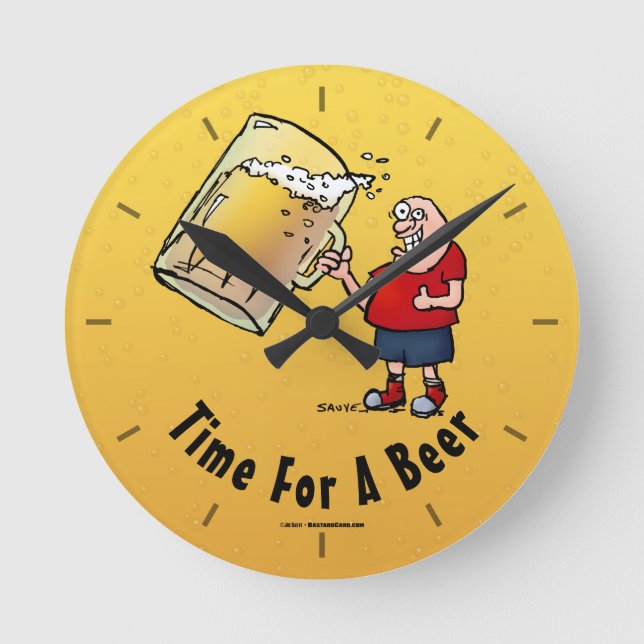 Time For A Beer Funny Cartoon Round Clock (Front)