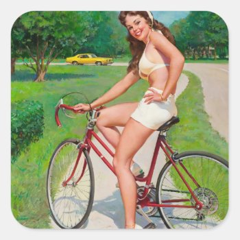 Time For A Ride - Retro Pin-up Girl Square Sticker by PinUpGallery at Zazzle