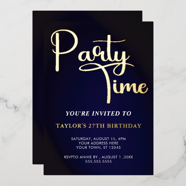 time for Celebrate  birthday in Blue and  Foil Invitation (Front/Back)