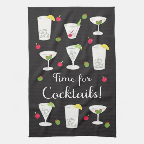 Time for Cocktails Classic Retro Drinks Black Kitchen Towel
