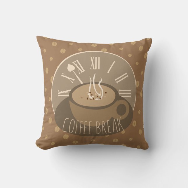 Time for Coffee Break Clock and Beans Throw Pillow (Front)