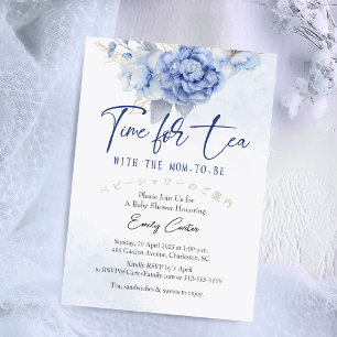Time for Tea Baby Shower Blue Floral Watercolor Invitation