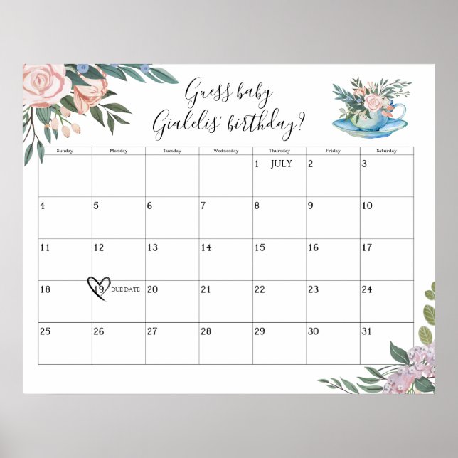 Time for Tea Baby Shower Due Date Guess Poster (Front)