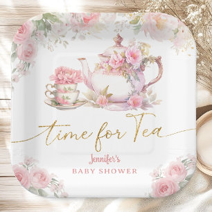 Time for Tea Baby Shower Pink Floral Paper Plates