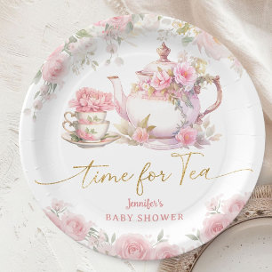 Time For Tea Baby Shower Pink Floral Paper Plates