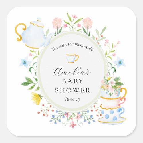 Time for Tea Baby Shower Wildflower Square Sticker