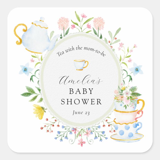 Time for Tea Baby Shower Wildflower Square Sticker (Front)