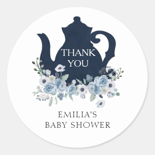 Time for Tea Blue Baby Shower Thank you Classic Round Sticker