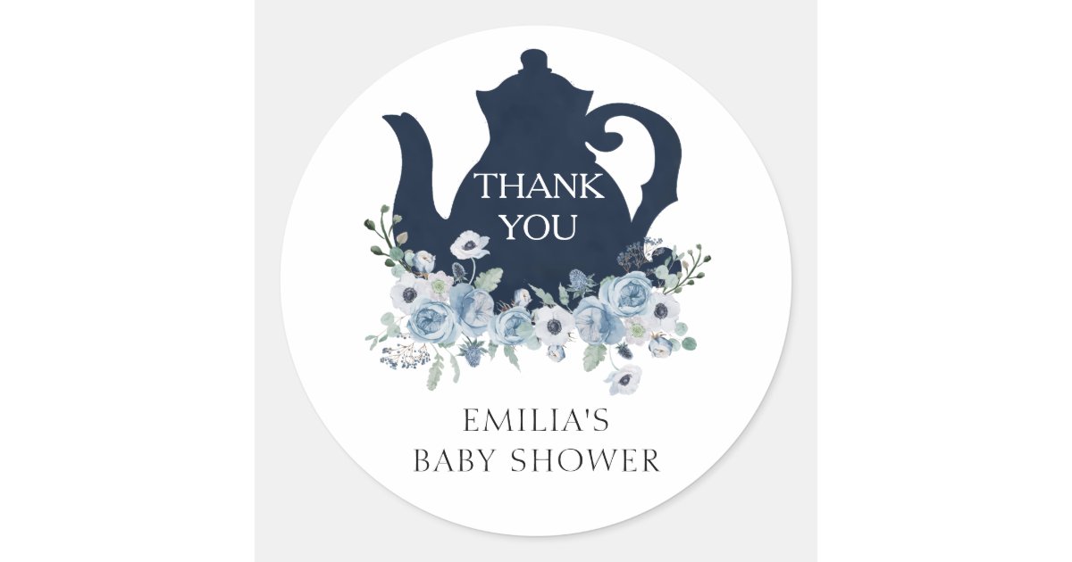 Time for Tea Blue Baby Shower Thank you Classic Round Sticker | Zazzle