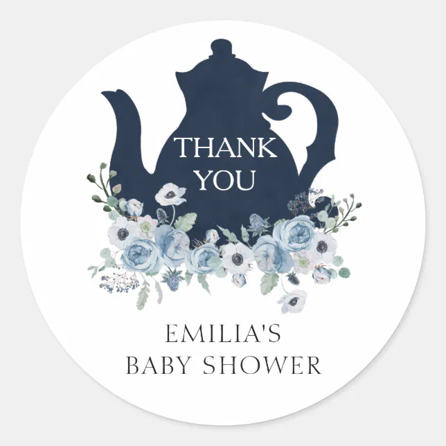Time for Tea Blue Baby Shower Thank you Classic Round Sticker | Zazzle