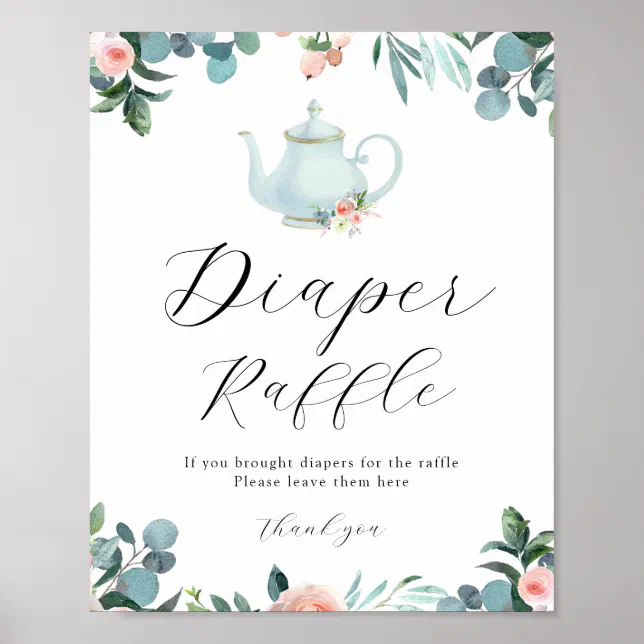 Time for Tea Blue Floral Diaper Raffle Sign | Zazzle