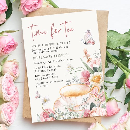 Time For Tea Boho Teacup Floral Bridal Shower Invitation