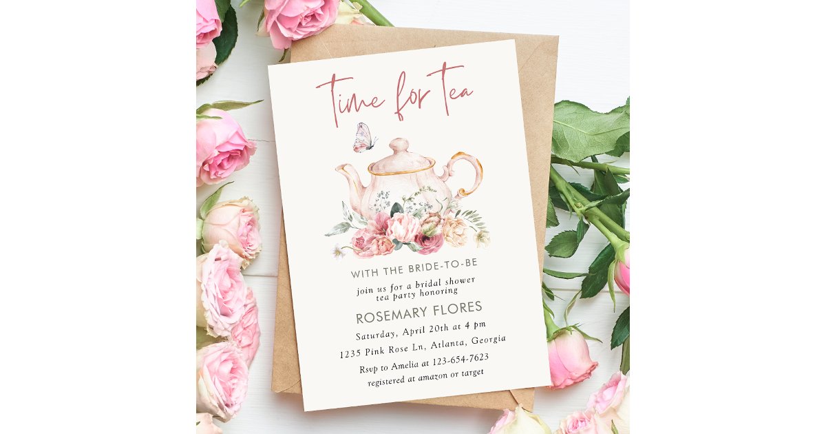 Time Four Tea Invitation Time For Tea Boho Teapot Bridal Shower Invitation | Zazzle
