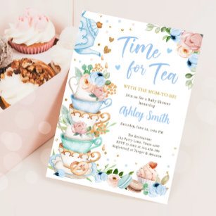 Time for Tea Brewing Tea Party Blue Baby Shower Invitation