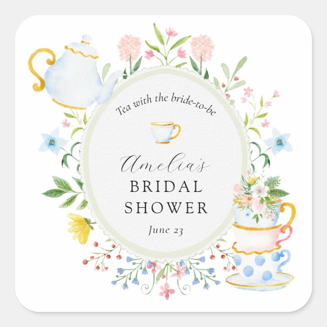 Time for Tea Bridal Shower Wildflower Square Sticker (Front)