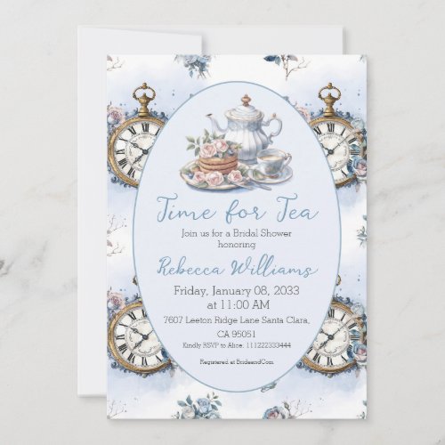 Time for Tea Brunch Blue Floral Bridal Shower  Invitation